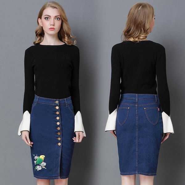 

skirts 2021 autumn women's skirt embroidery cowboy button up half length split fork hip plus size 6xl, Black
