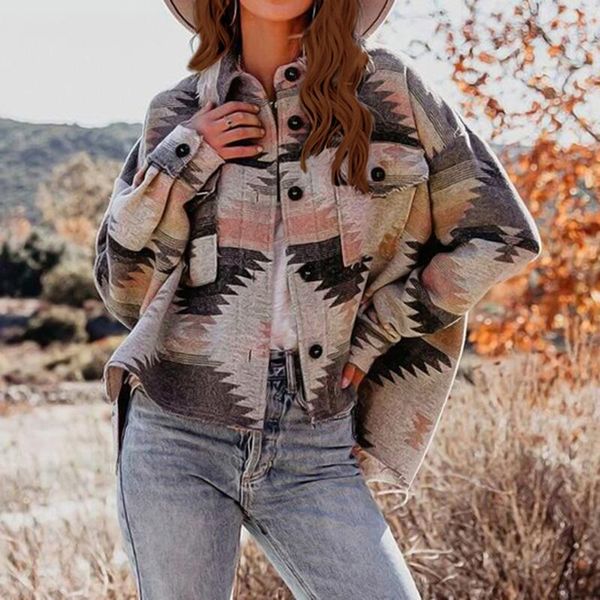 

women's jackets long sleeved shirt streetwear female goth coat vintage jacket women splicing loose denim print aztec retro ethnic style, Black;brown