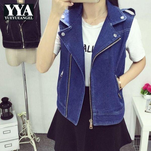 

women's vests womens denim black white blue sleeveless turn down collar coat jean zipper short outwear vintage 6xl 7xl 8xl plus size