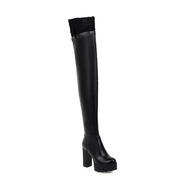 

boots lace thigh high for plus size women platform shoes over the knee stretch fabric black leather winter