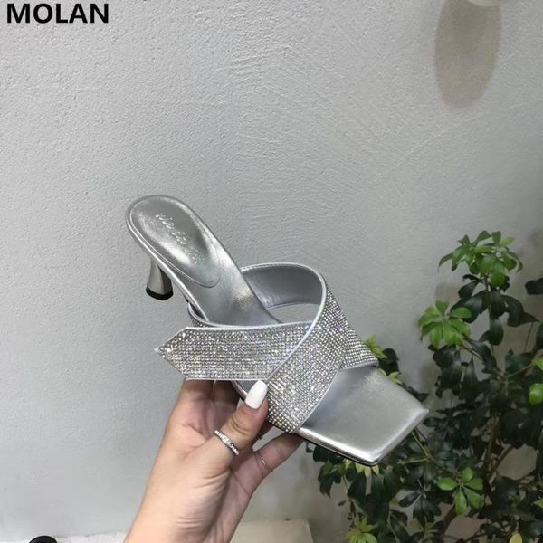 

dress shoes molan brand designers 2021 summer luxury bling crystal band square toe high heels lady pumps mules flip flops outside girl party, Black