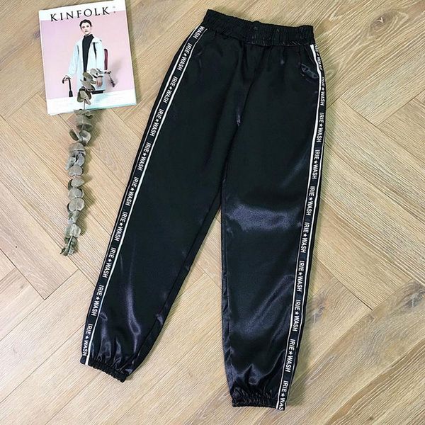 

women's pants & capris heflashor big pocket satin highlight harem women glossy sport ribbon trousers bf harajuku joggers sports, Black;white