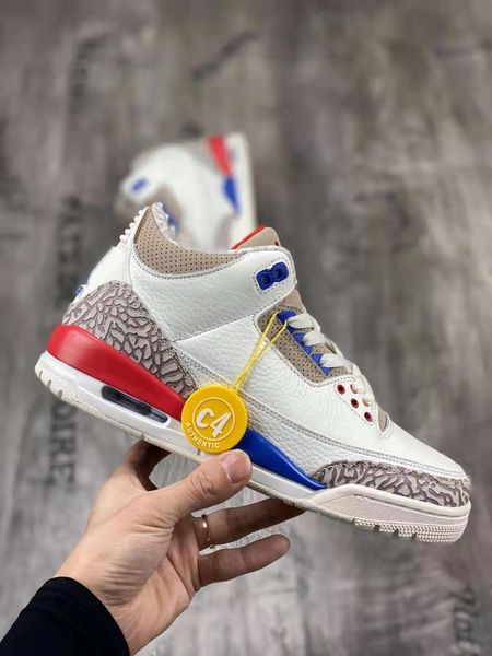 

mens basketball shoes new in spring jumpman 3s white grey blue eur36-46 size cushioned midsole genuine leather upper cement brown overlay sp
