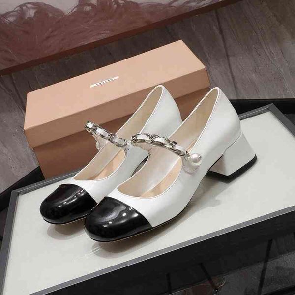 

shoes mm mary high heeled shoes new line with chain pearl buckle single thick heel color matching women's shoe outlet, Black