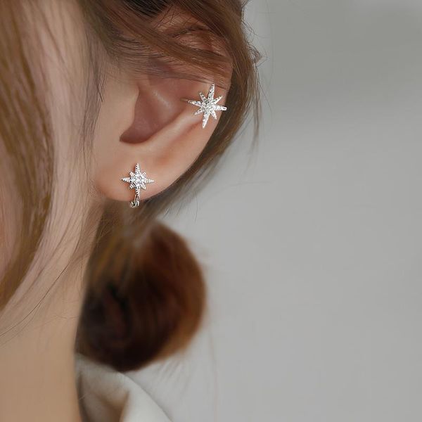 

hoop & huggie [z young lady's] eight-pointed stars ear clip female sterling silver earrings stud nian style tide south korea, Golden;silver