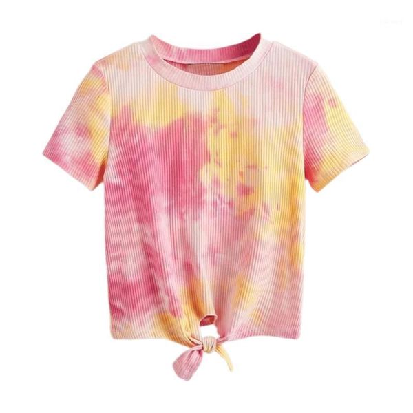 

women's t-shirt shirt summer lace-up short sleeve round collar dye printed loose female casual clothes, White