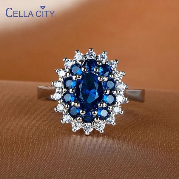 

cluster rings cellacity trendy female silver 925 jewelry women's ring with blue gemstones sapphire flower opening for anniversary party, Golden;silver