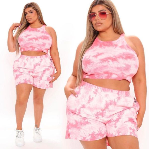 

plus size tracksuits somoshein women clothing sleeveless crop loose elastic waist shorts tie dye print casual sets wholesale items, Black