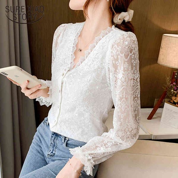 Top a maniche lunghe coreana con scollo a V in pizzo elegante camicetta bianca cardigan a fiori all'uncinetto camicie vintage da donna 11907 210415