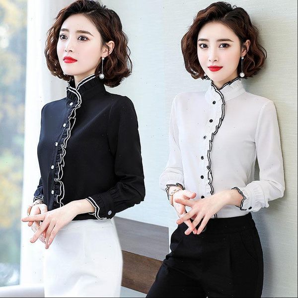 

spring autumn fungus chiffon womens shirts long sleeved pleated bottoming amp blouses plus size 4xl, White