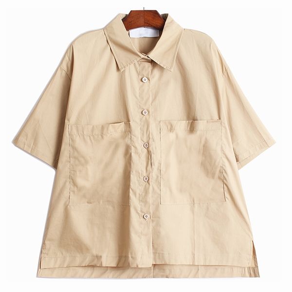 

[eam] women green big size pocket blouse lapel bat half sleeve loose fit shirt fashion spring summer 1dd7251 210512, White