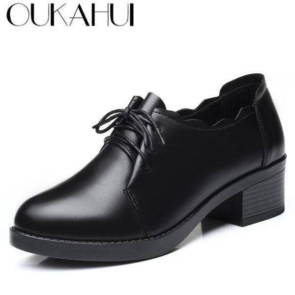 

british style genuine leather high heels shoes woman casual 2021 autumn spring lace-up ladies office work dress, Black