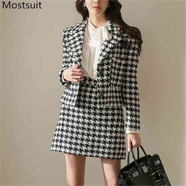 Hounstooth woolend two peça saia fatos conjuntos mulheres blazer de manga completa + mini outfits de linha coreano elegante senhoras conjunto 210513