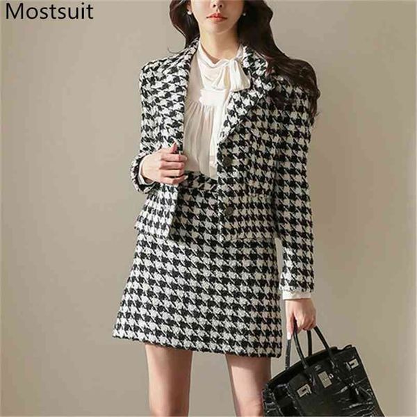 

hounstooth wool&blend two piece skirt suits sets women full sleeve blazer + mini a-line outfits korean elegant ladies set 210513, White