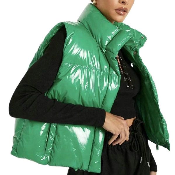 

women's vests 2021 autumn winter women fashion warm shinny green faux leather vest jackets female high street short sleeveless waistco, Black;white
