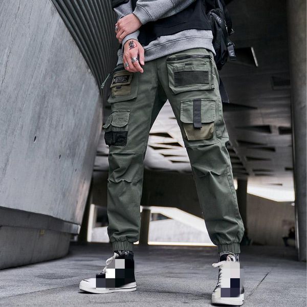 

men's pants cargo multi-pocket casual trousers male fashion hong kong style elastic waist loose ankle-length 20838 p64, Black