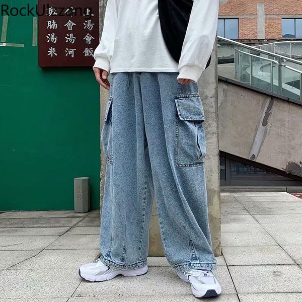 

men's jeans fashion loose straight side pocket casual denim pant black blue wide baggy trouser plus size men hip hop japanese street