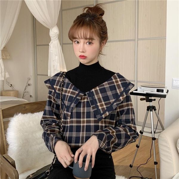 

women's blouses & shirts blouse women shirt autumn retro plaid navy collar long sleeve blusas mujer de moda, White