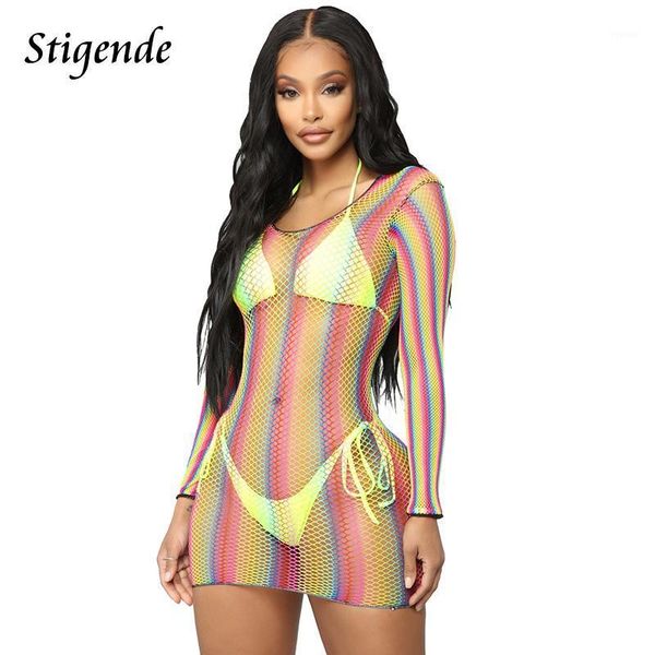 

stigende fashion striped cover up mini dress women summer long sleeve mesh swim see through transparent party club women's swimwear, White;black