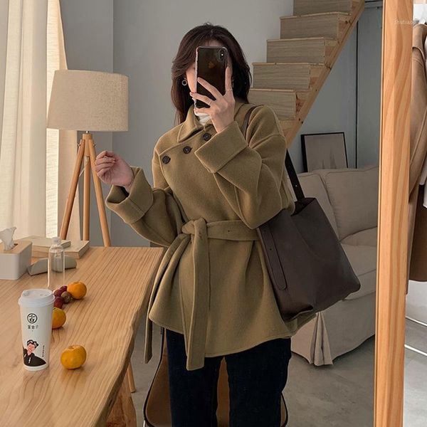

women's wool & blends short korean style turn-down collar single-breasted coat with sashes womens casual fashion 2021 solid loose outer, Black