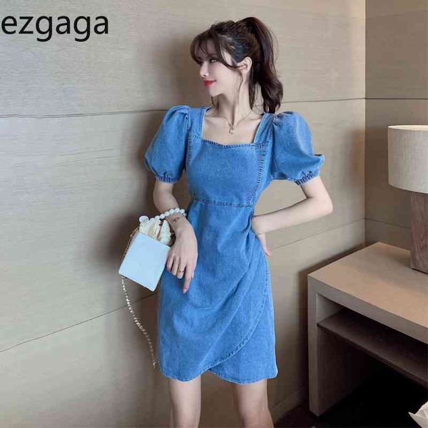 

ezgaga elegant denim dress women square collar short sleeve summer new solid korean fashion ruched high waist vestidos 210430, Black;gray