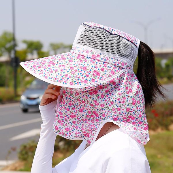 

wide brim hats summer neck protection sunscreen shawl sun hat mesh floral printed breathable anti-uv women big eaves outdoor shade cap, Blue;gray
