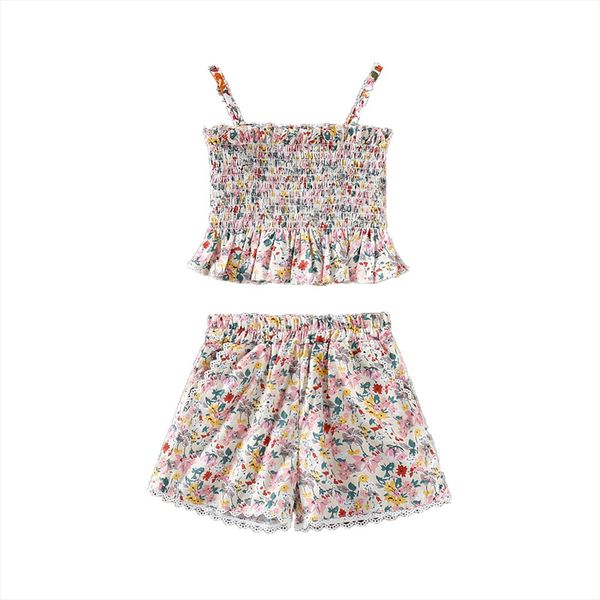 

girls casual two piece clothes set multicolor floral printed pattern sleeveless shorts, White