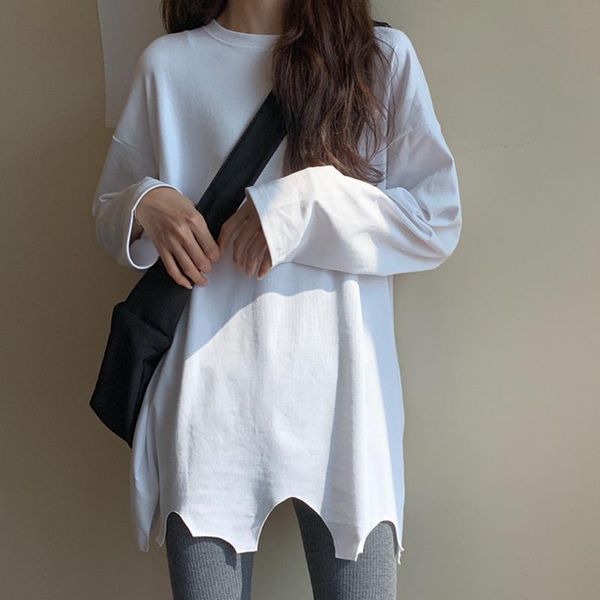 

women's t-shirt white hole irregular round neck long sleeve 2021 bottomed shirt spring and autumn loose fashion