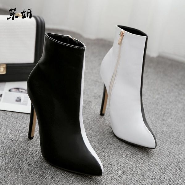 

boots women black white mix shoes high heel pointed toe female fashion plus size ankle