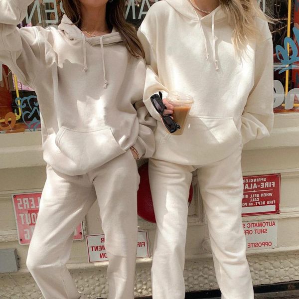 

women's two piece pants solid hoodies sets tracksuits women hooded sweatpants sweatsuits female autumn pullover joggers pieces suits, White