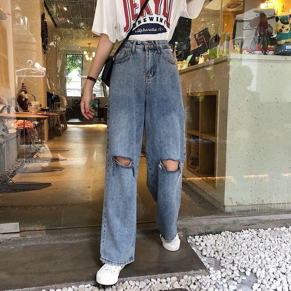 

women's jeans vintage ripped straight for women hole jean female denim pencil pants streetwear boyfriend loose wide-leg, Blue