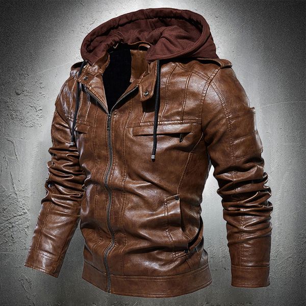 

vintage leather jacket men motor jacket brown leather coats and jackets for men hooded outwear fashion coat plus size 4xl, Black