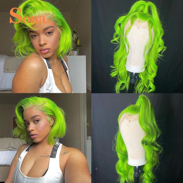

13x4 lime green human hair wigs pre plucked short bob lace front wig 180% brazilian remy hd transparent frontal wavy, Black;brown