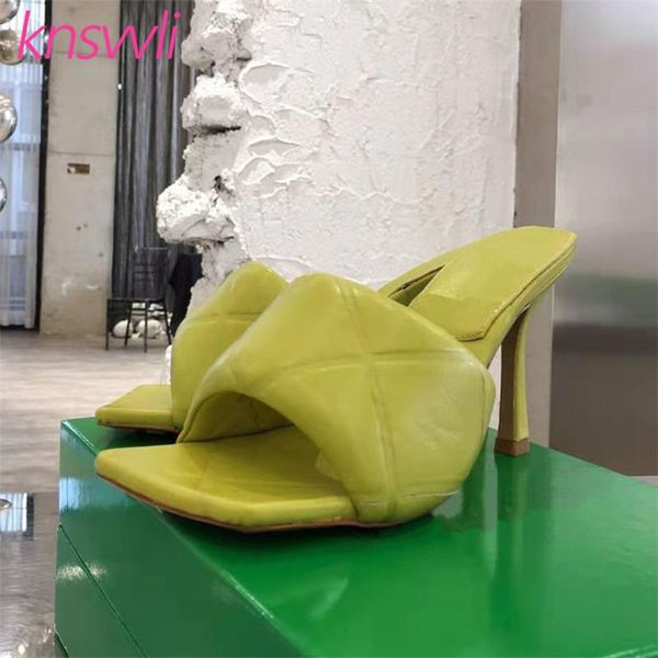 

runway thin high heels slippers woman rhombus leather mules shoes ladies slides 2021 summer party women sandals, Black