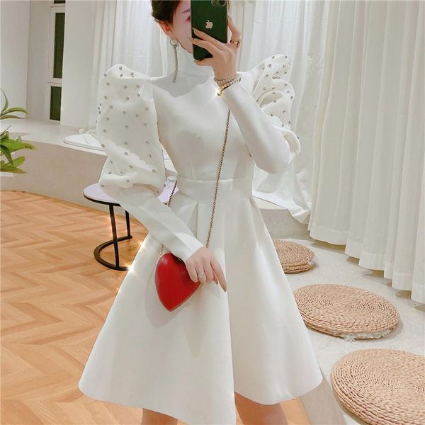 

casual dresses special offer sale dress women vestidos mujer fashion polyester court style bubble sleeve beaded turtleneck, Black;gray