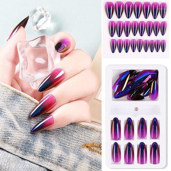 

24pcs/set aurora mirror powder rainbow gradient european ballerina full nail art tips colorful decoration1, Red;gold