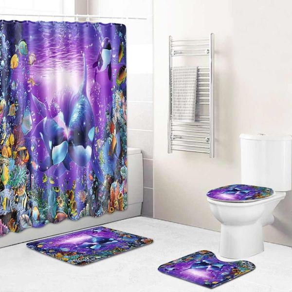 

3pcs/set ocean world non slip bathrm pad ootoilet seat & cover curtain soft bath rug carpet home decoration mats