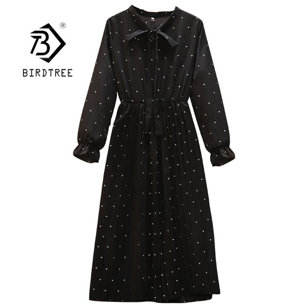 

spring women's dot printed elastic waist plus size long dress ruffle sleeve bow neck casual vintage mid-length dress d13130x 210419, Black;gray