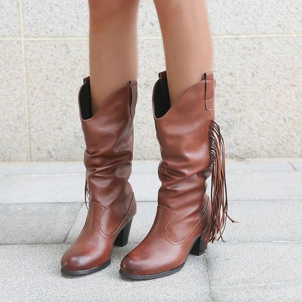 

boots women's pleated mid calf woman leather pumps ladies tassel heels big size women comfortable shoes female footwear, Black