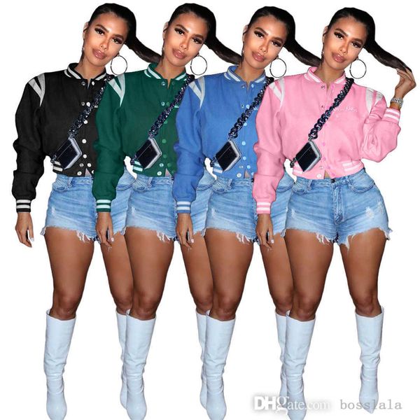 

women spring jackets fashion letters embroidered threaded cuffs white stitching sportwear baseball coats varsity clothing, Black;brown