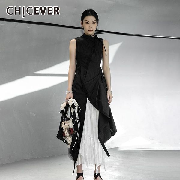 

casual dresses chicever gauze patchwork shirt dress for women lapel sleeveless high waist ankle length ruched female 2021 clothing tide, Black;gray