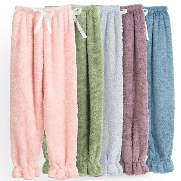 

women's sleepwear women winter pajama pants soft sleep bottoms full length coral velvet warm homewear plus thickening loose, Black;red
