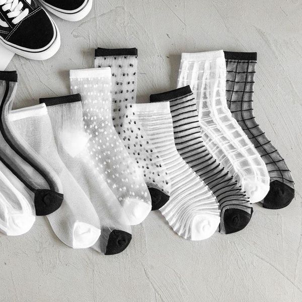 

socks & hosiery jacquard fashion glass cotton silk solid color women's transparent thin crystal ladies novelty black white lattice