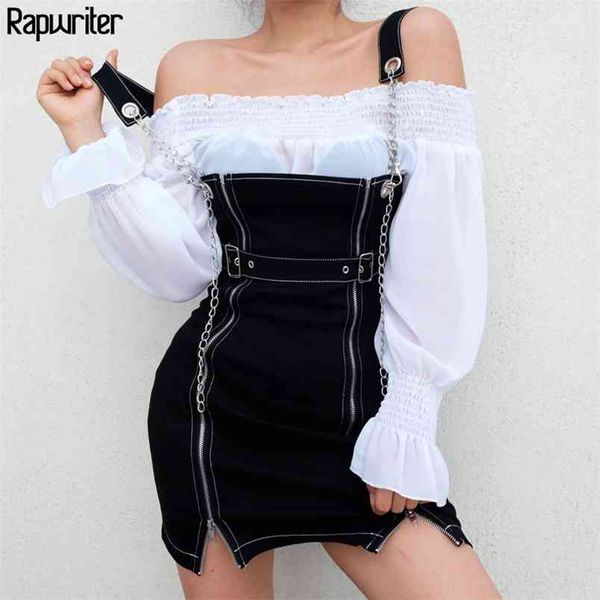 

off shoulder punk style metal chain denim strap summer dress women streetwear zipper split belt sleeve mini 210510, Black;gray
