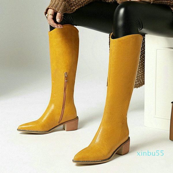 

boots big size 34-43 knee high thick heels pointed toe winter comfortable pu leather women black silver yellow