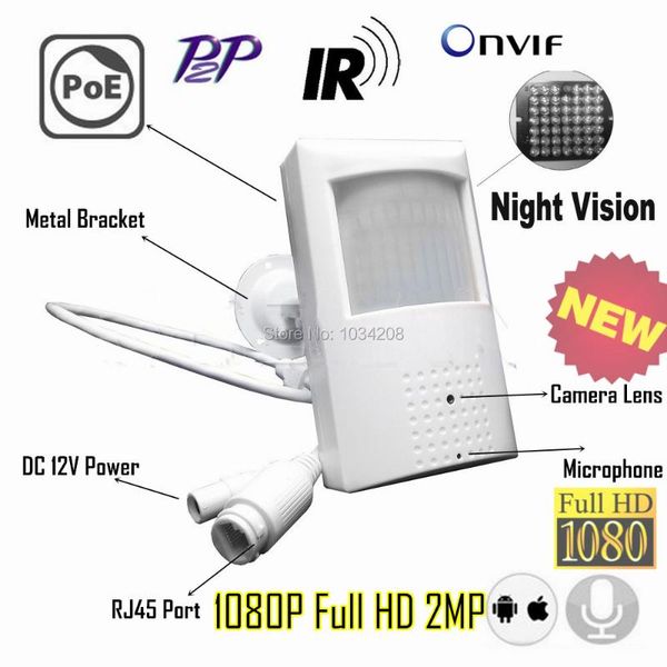 

pin hole 1080p ir audio poe ip camera night vision 940nm infrared pir style motion detector onvif p2p metal bracket cameras