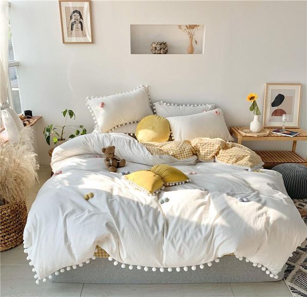 

bedding sets princess style 100% washed cotton breathable set white hairball edge duvet cover bed sheet textile home pillowcases