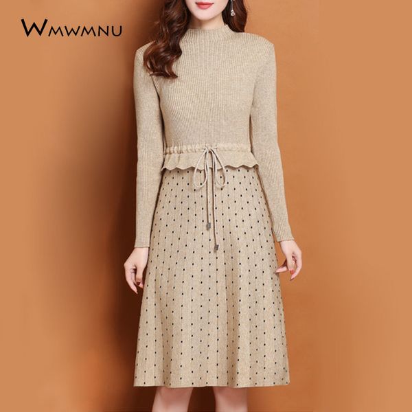 

patchwork dot print knitted dress ladies winter long sweater dress 2021 new autumn winter clothing retro ruffle dstring dress, Black;gray