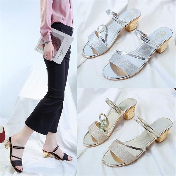 

women's shoes 2021 high heel sandals lady style simple mid-heel one-word two-wear fashion summer, Black