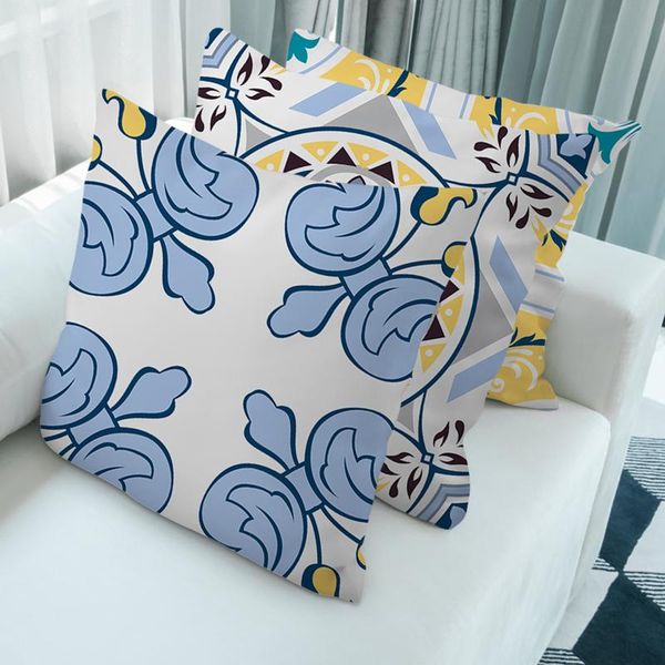 

cushion/decorative pillow geometric cushion cover blue and yellow polyester peachskin home throw case flower pattern art